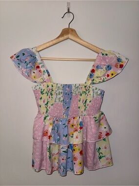 Floral Patchwork Ruffle Sundress for Girls - Pink & Blue